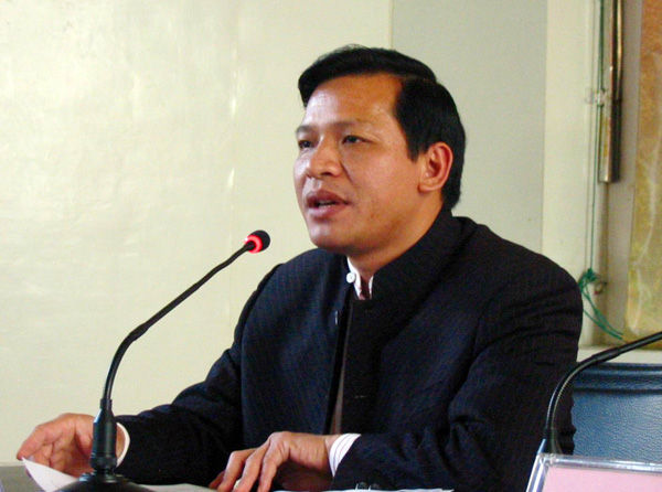 十七大代表、武宣县黄茆镇党委书记韦家玲在作报告。