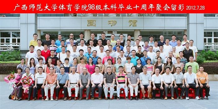 体育学院回校聚会的1998级校友与学校领导老师合影留念