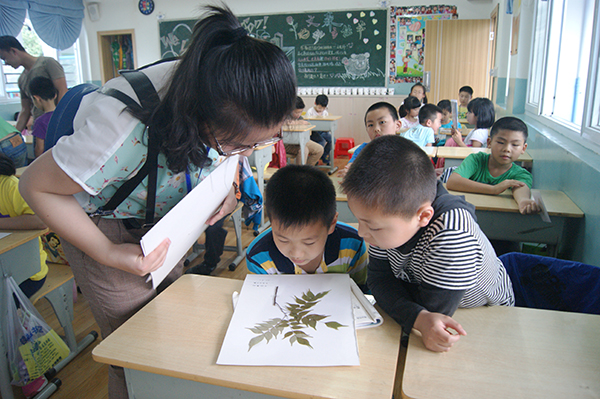 科普志愿者在卓然小学指导学生观察植物标本