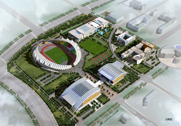 从西南方向鸟瞰的音乐体育组团效果图。